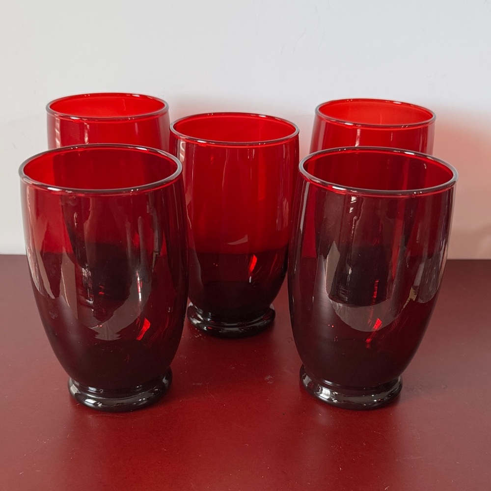 Vintage Anchor Hocking Baltic Royal Ruby Red Glass Water Goblets Set Of 5 - Picture 2 of 5